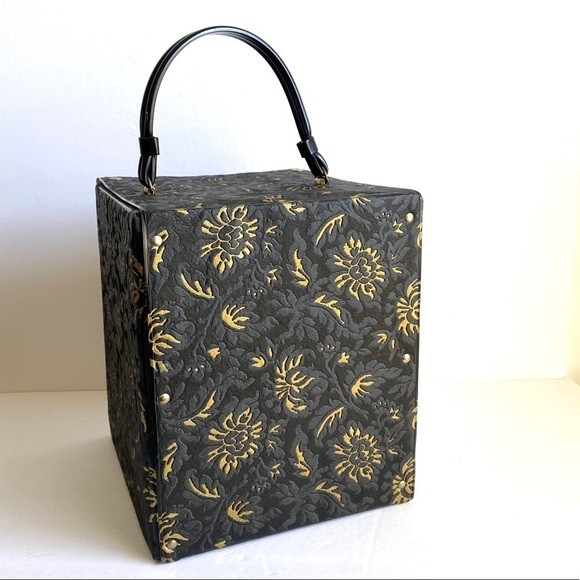 Vintage Hat Box Black & Gold Brocade Travel Bag - Picture 5 of 8